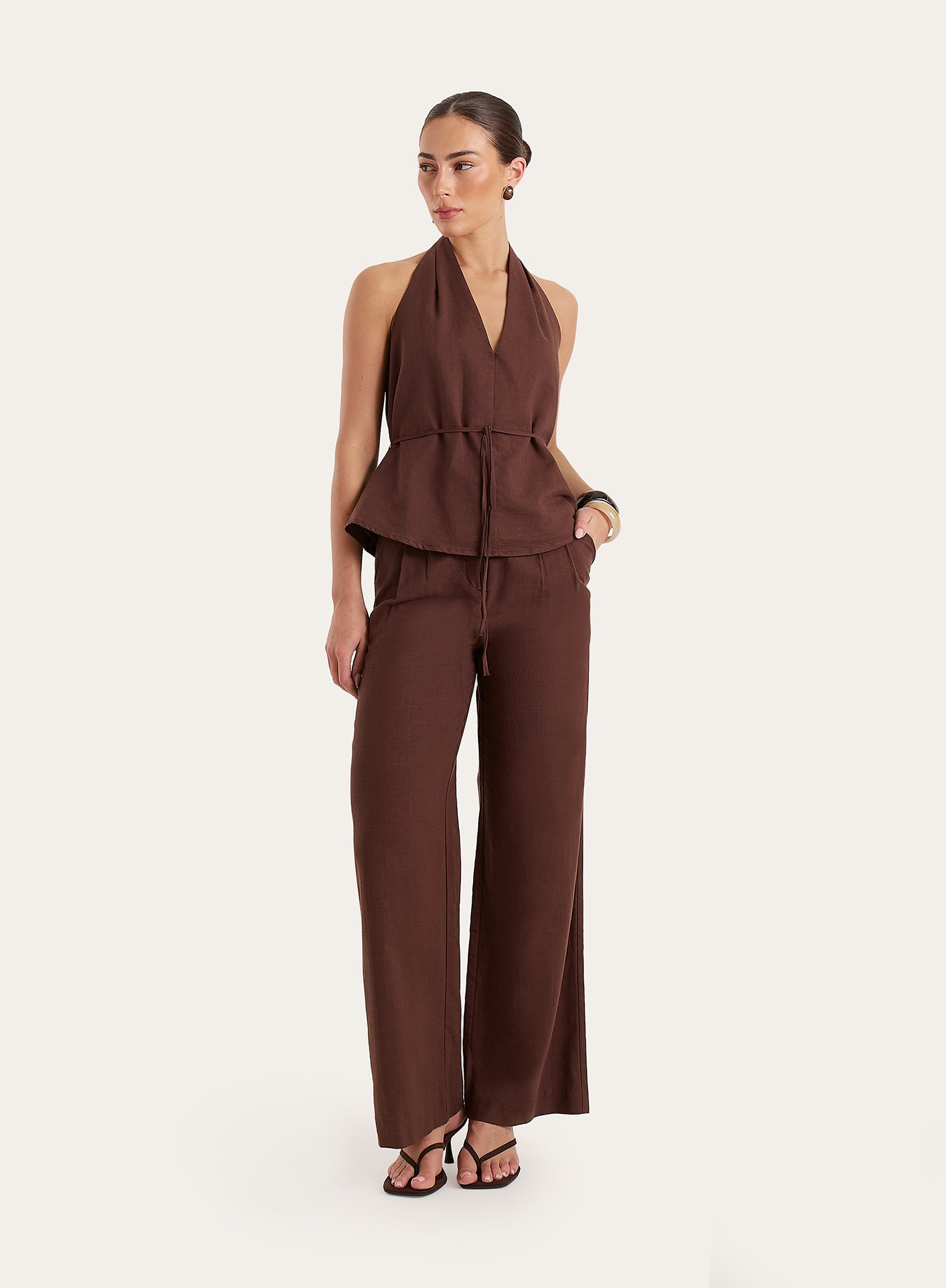 Brown Linen Blend Halterneck Sleeveless Peplum Top